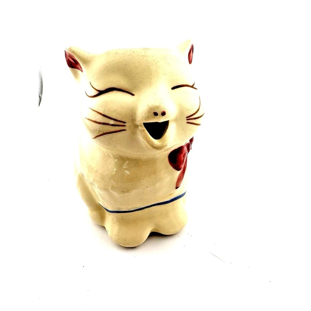 Ceramic Cat Planter Vase Beige With Red And Blue Accents